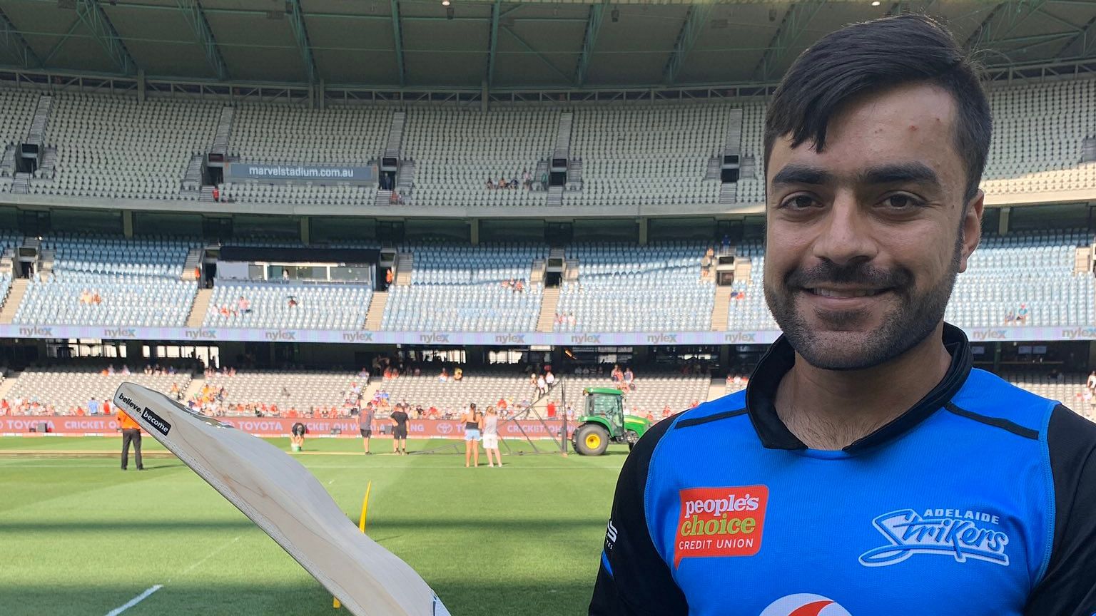 Afghanistan star Rashid Khan on Sunday flaunted a new bat design at the ongoing edition of the Big Bash League.