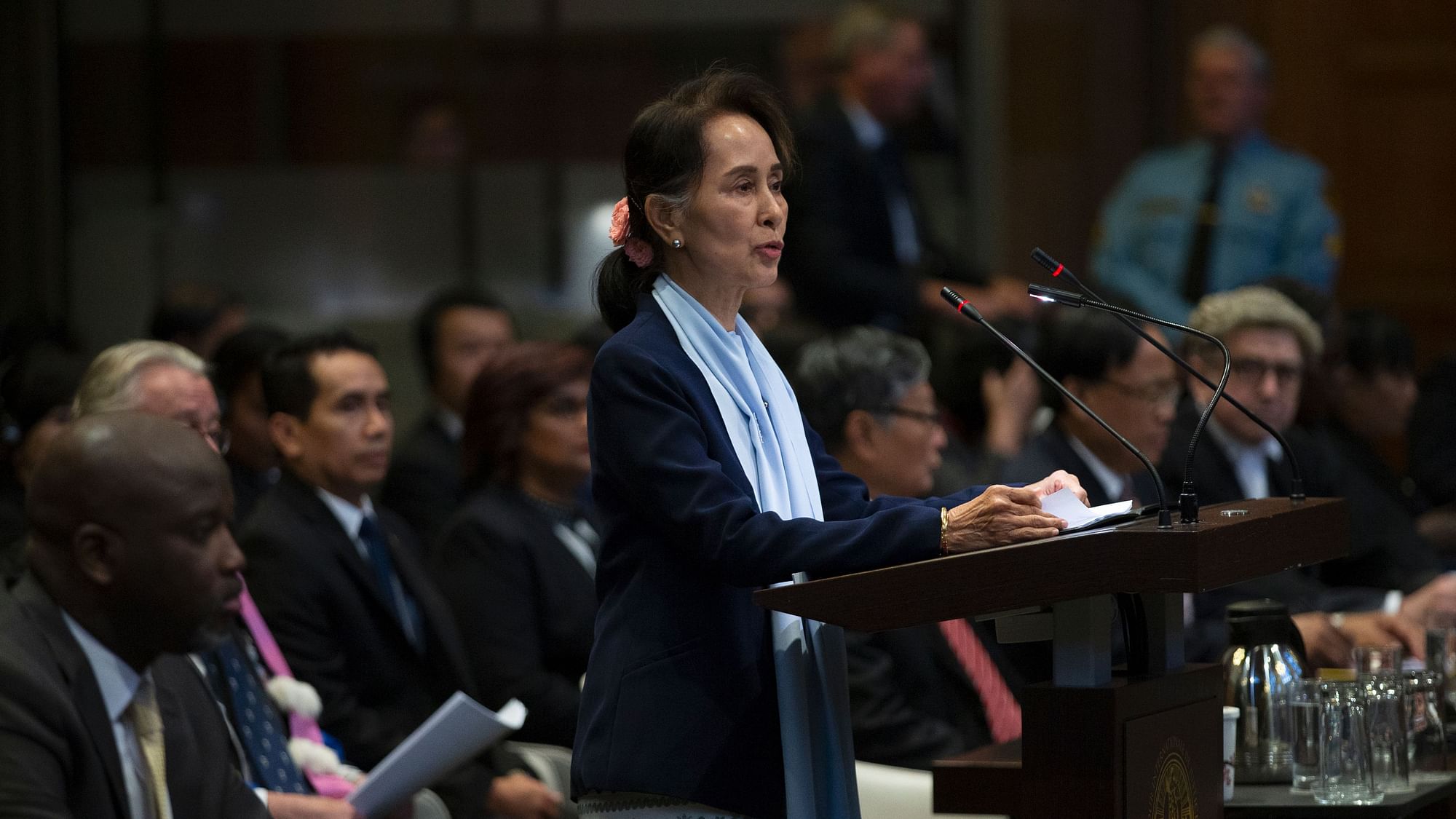 Myanmar’s leader Aung San Suu Kyi addresses judges of the International Court of Justice for the second day of three days of hearings in The Hague, Netherlands, Wednesday, 11December.