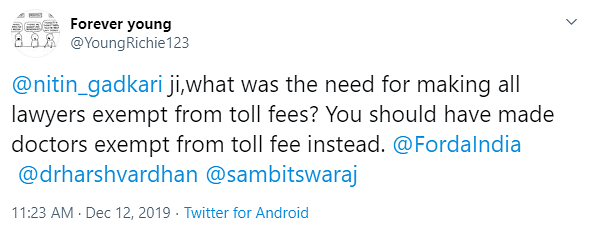 NHAI issued a clarification stating that advocates are not exempted from paying user fee at NH Fee toll plazas.