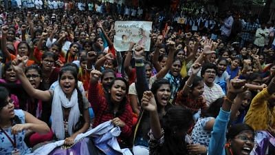 File photo of ABVP activists protesting against the gruesome gang rape and murder of a woman veterinarian in Hyderabad.