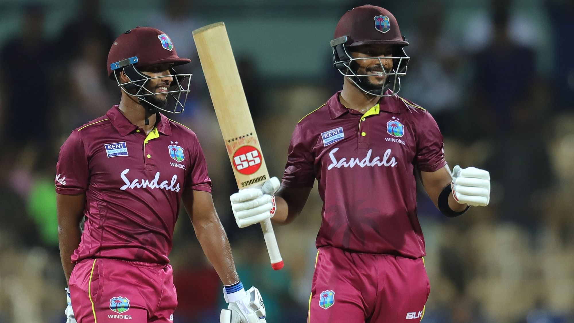 Shai Hope of West Indies celebrates his Hundred runs during the 1st One Day International match  between India and the West Indies held at the M. A. Chidambaram Stadium, Chennai on 15 December 2019.