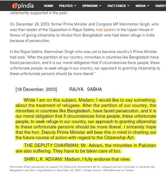 Right-wing websites and BJP IT Cell Chief Amit Malviya are claiming that Dr Singh supported Citizenship Bill in 2003