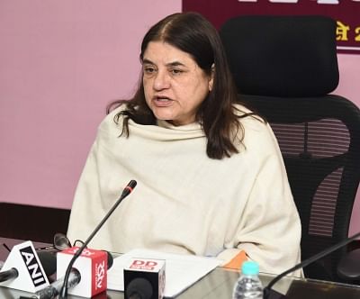 New Delhi: Union Women and Child Development Minister Maneka Gandhi addresses a press conference on Poshan Abhiyan, in New Delhi, on March 1, 2019. (Photo: IANS/PIB)