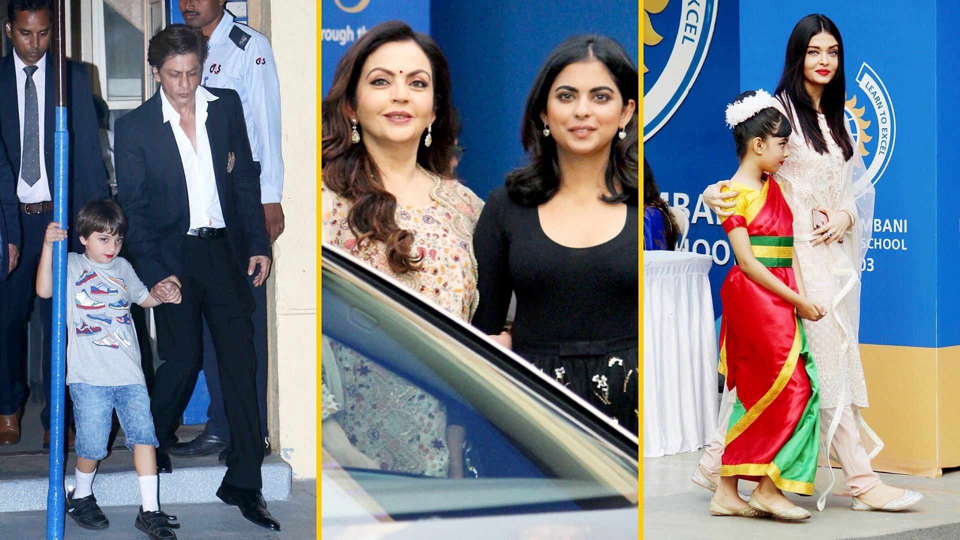 Shah Rukh Khan, Aishwarya Rai Bachchan arrive with their kids for the annual function.