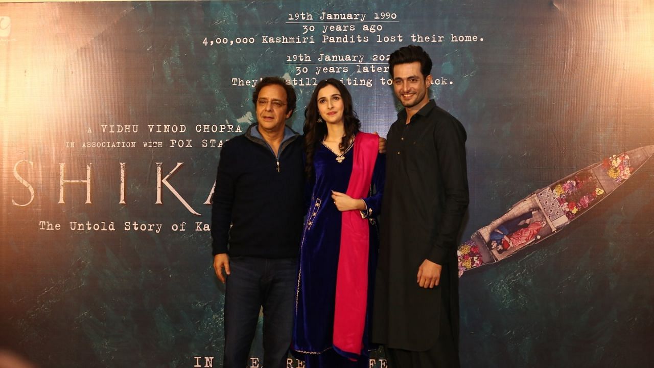Vidhu Vinod Chopra along with “Shikara” actors Sadia and Aadil Khan.