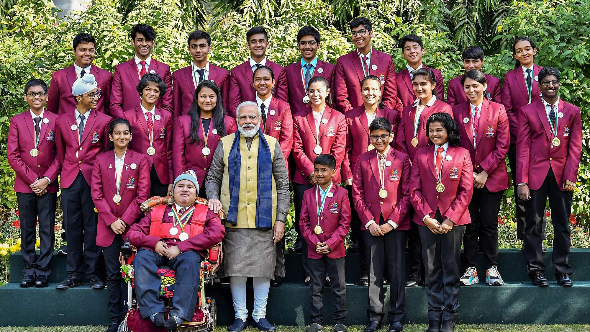 PM Narendra Modi in a group photograph with the awardees of Pradhan Mantri Rashtriya Bal Puraskar 2020 in New Delhi.&nbsp;