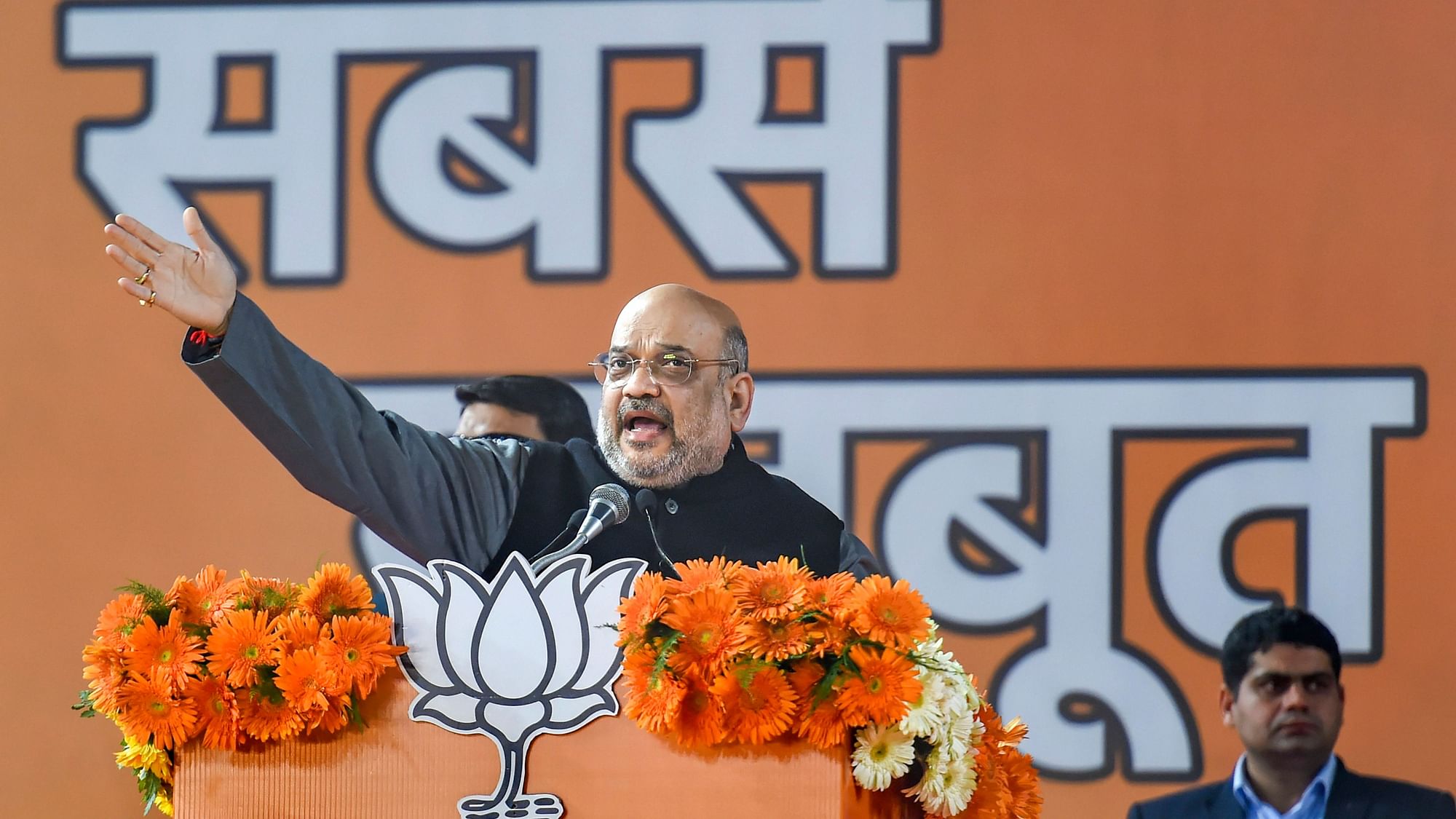 Union Home Minister Amit Shah speaks during BJP's booth-level workers rally in New Delhi.