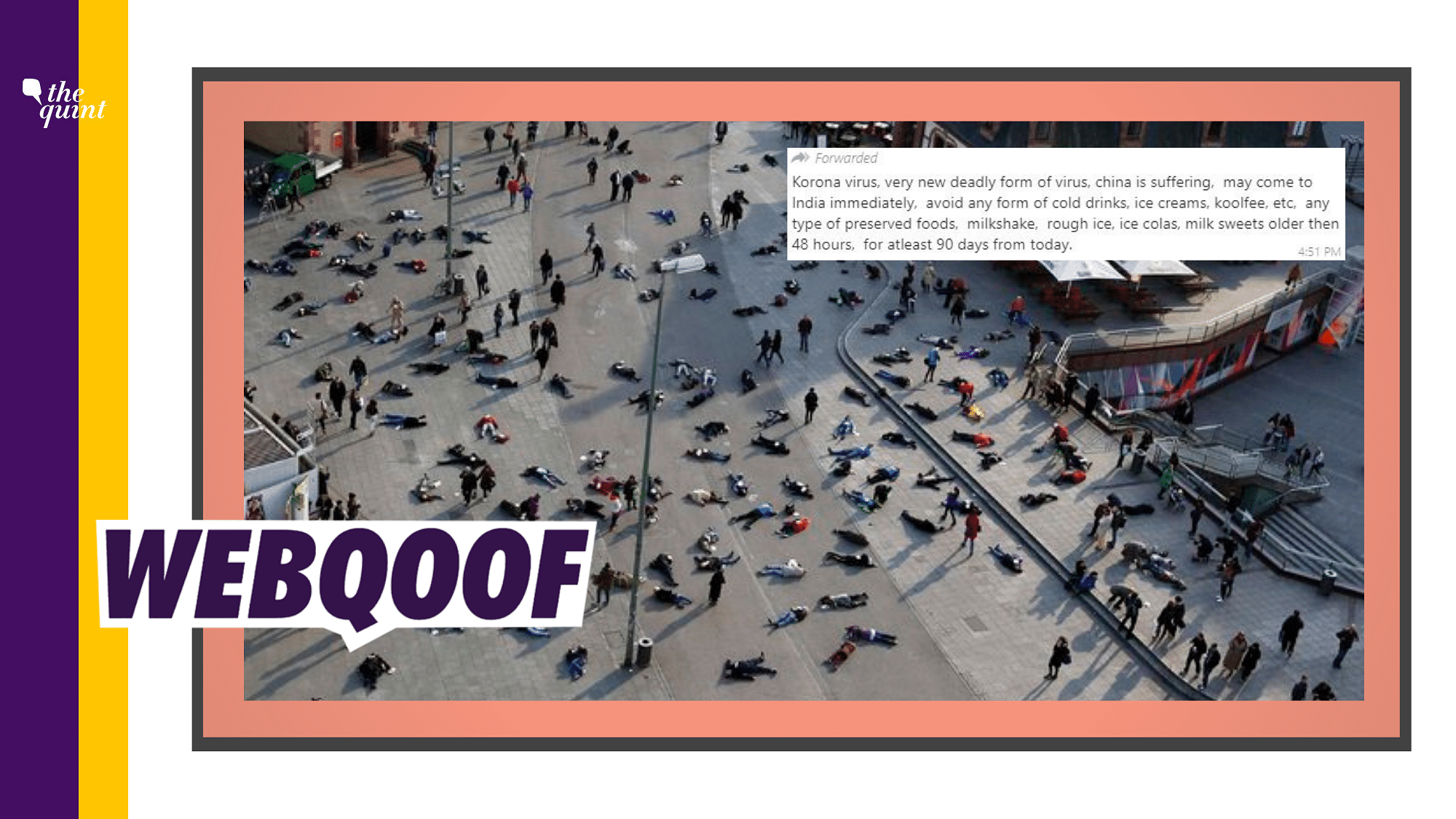A photo of multiple people lying on a street is being shared — in the context of an outbreak of coronavirus in China and elsewhere — as the effect of the deadly virus. 