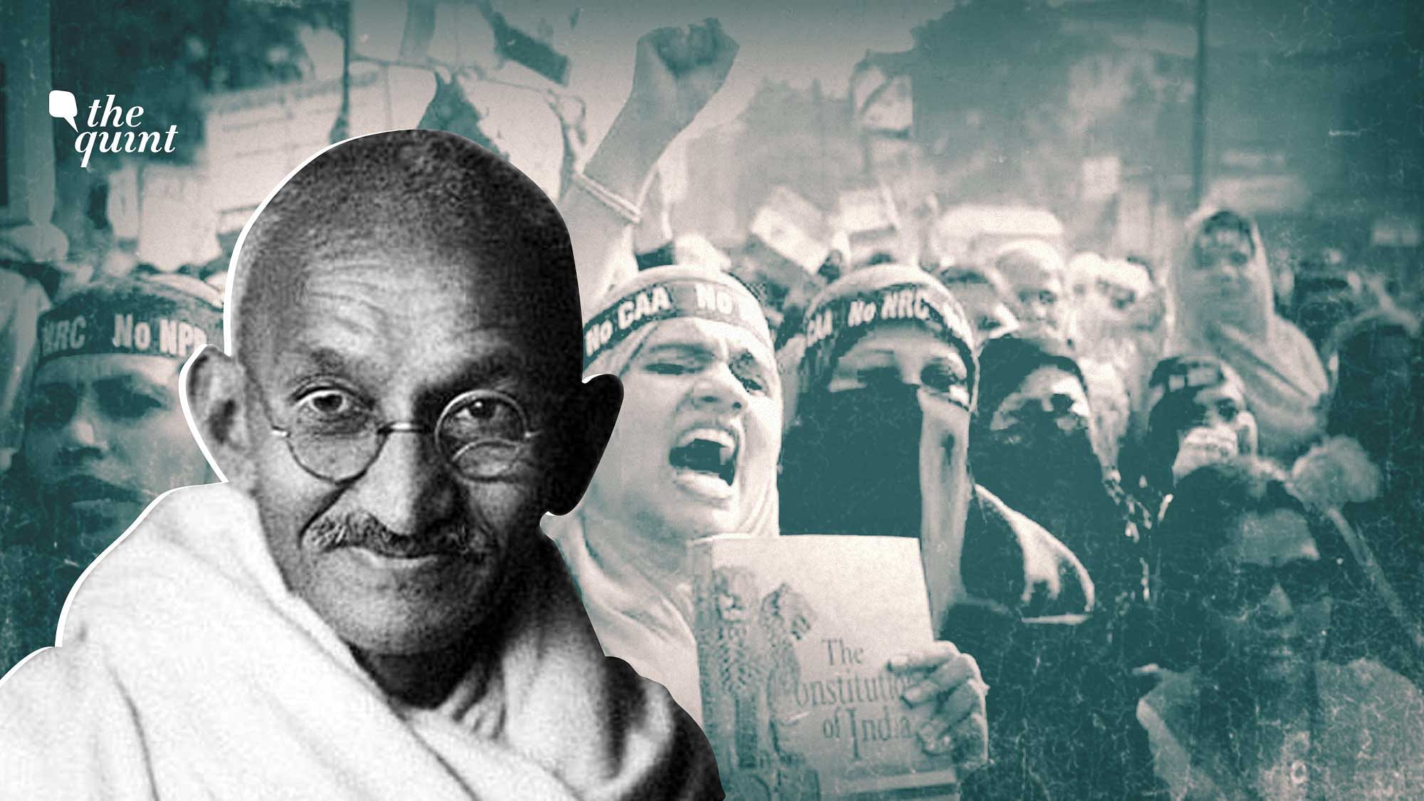 Image of Gandhi ji superimposed on an anti-CAA protest photo, used for representational purposes.