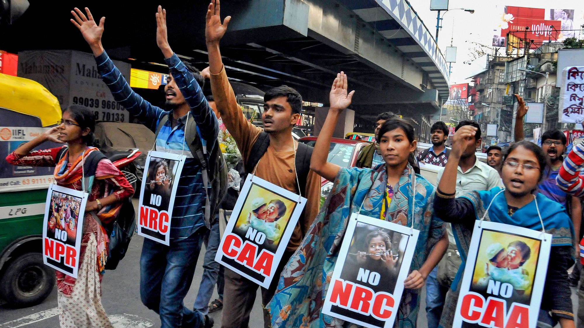 College students participate in a protest rally against CAA, NRC and NPR, in Kolkata.
