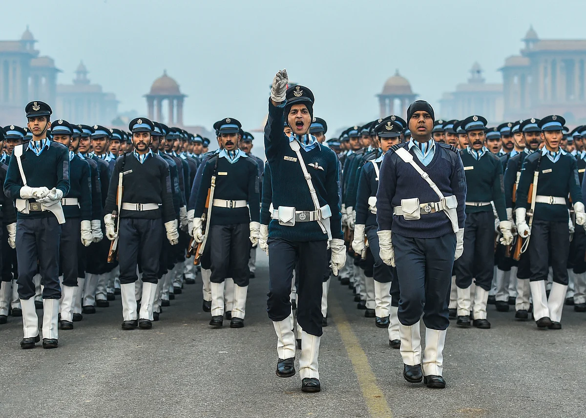 Indian Air Force personnel during the rehearsal for the upcoming Republic Day parade, on a cold, winter morning at Rajpath in New Delhi, on Friday, 10 January.
