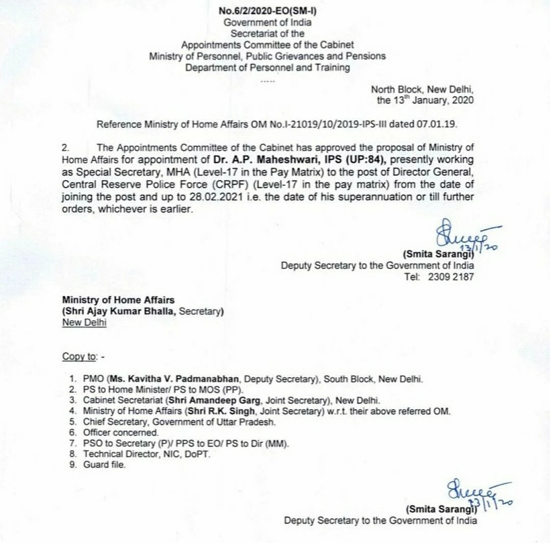 Appointment letter of the new DG CRPF.