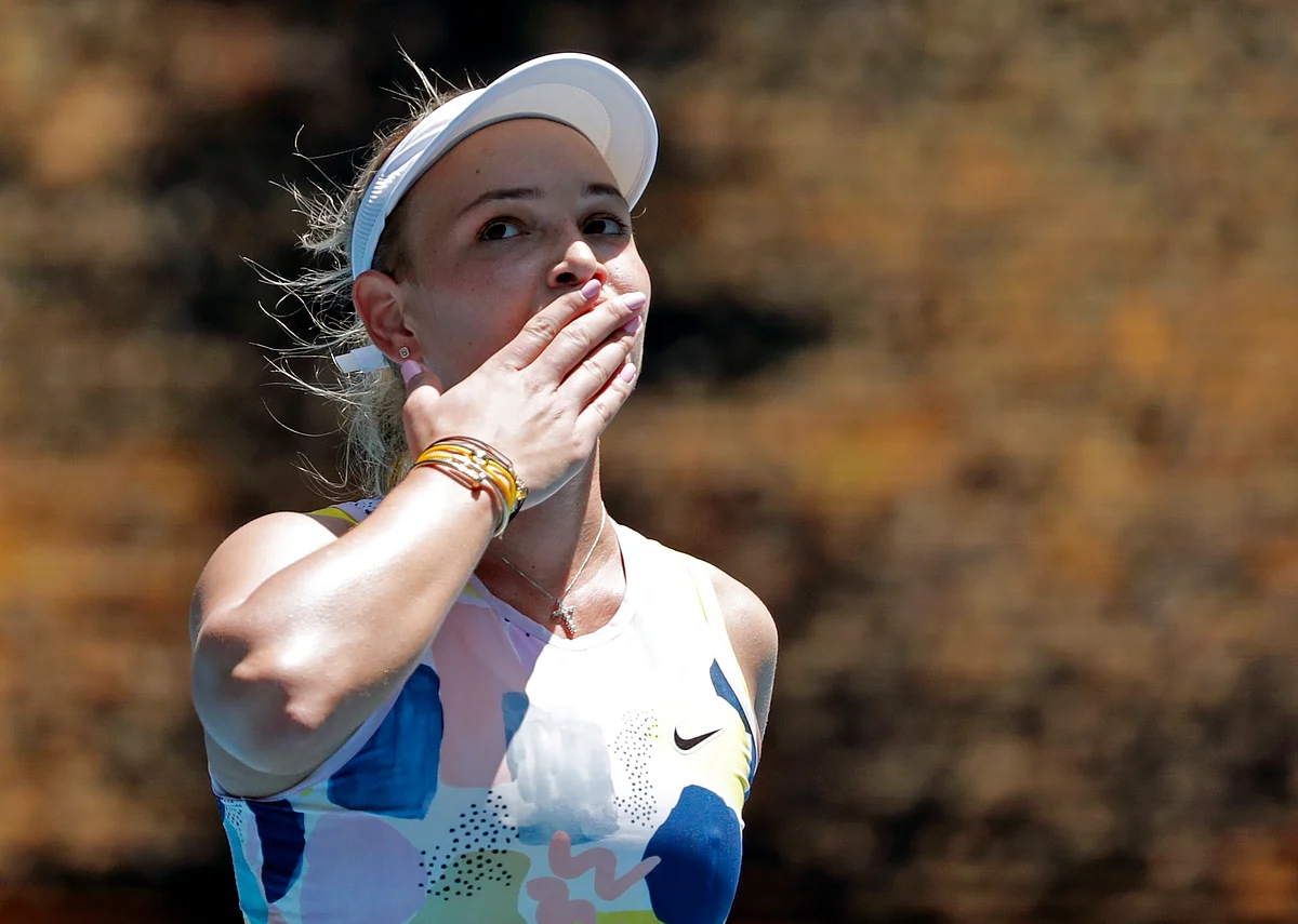 Croatia’s Donna Vekic celebrates after defeating Russia’s Maria Sharapova in their first round singles match at the Australian Open tennis championship in Melbourne, Australia, Tuesday, Jan. 21, 2020.