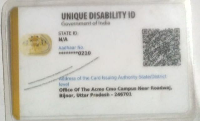 Unique Disability identity card of Ramesh Singh mentions that he has 40 per cent disability.