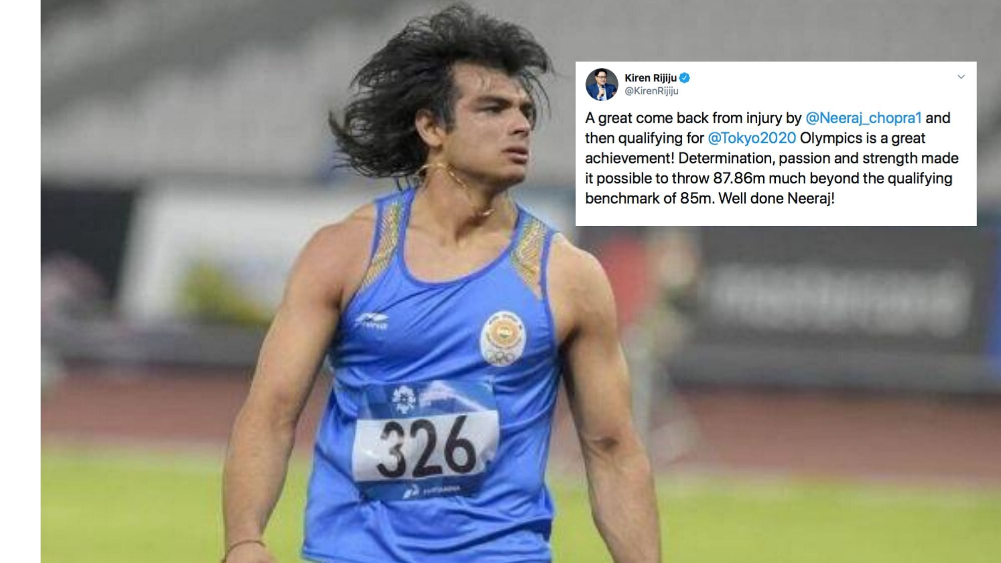 Sports Minister Kiren Rijiju on Wednesday, 29 January congratulated country’s ace javelin thrower Neeraj Chopra as he qualified for the Tokyo 2020 Olympics with a throw of 87.86m at the Athletics Central North East meeting in South Africa.