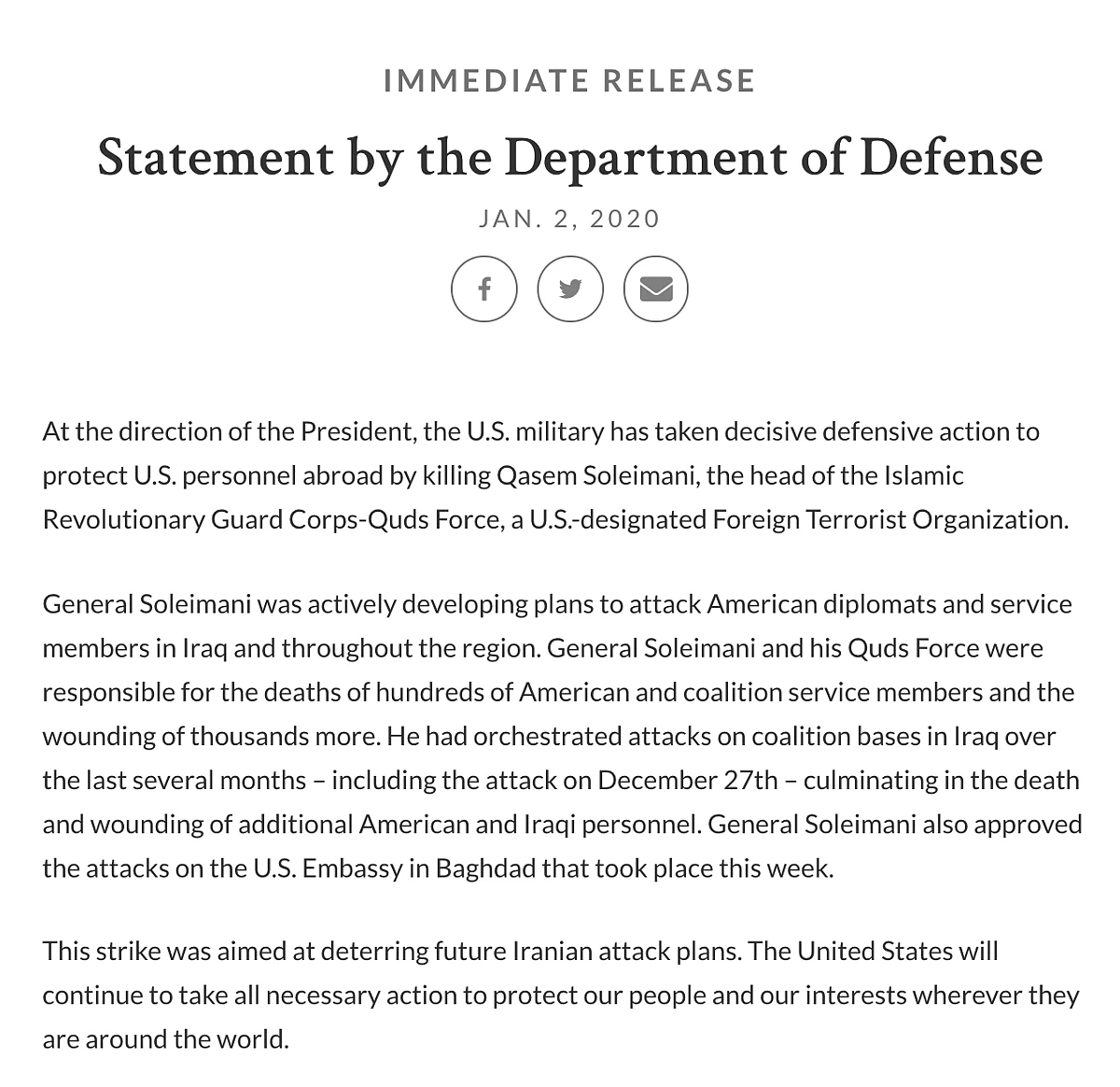 Statement by the Pentagon. 