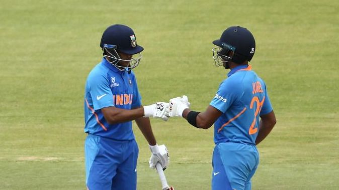 Skipper Priyam Garg (left) and wicketkeeper Dhruv Jurel in action against Sri Lanka on Sunday.