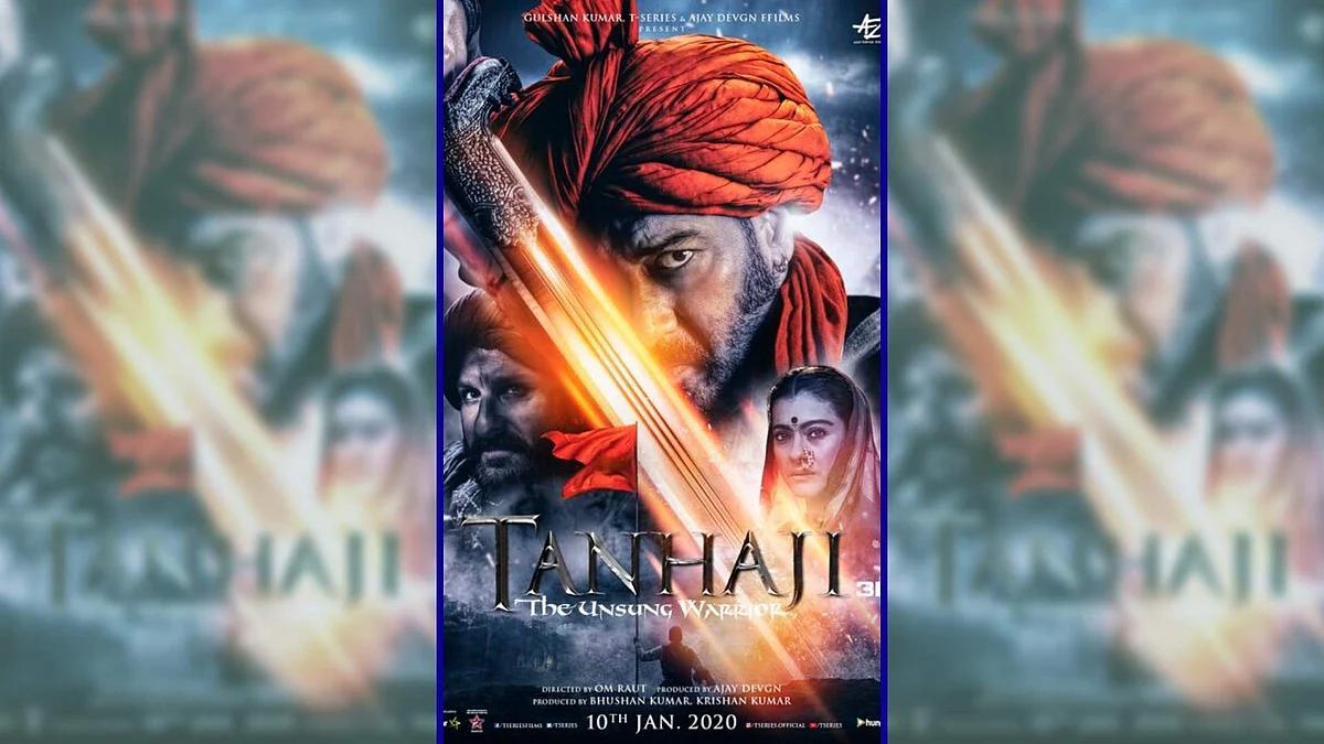 A poster for <i>Tanhaji: The Unsung Warrior</i>, with Ajay, Saif and Kajol.