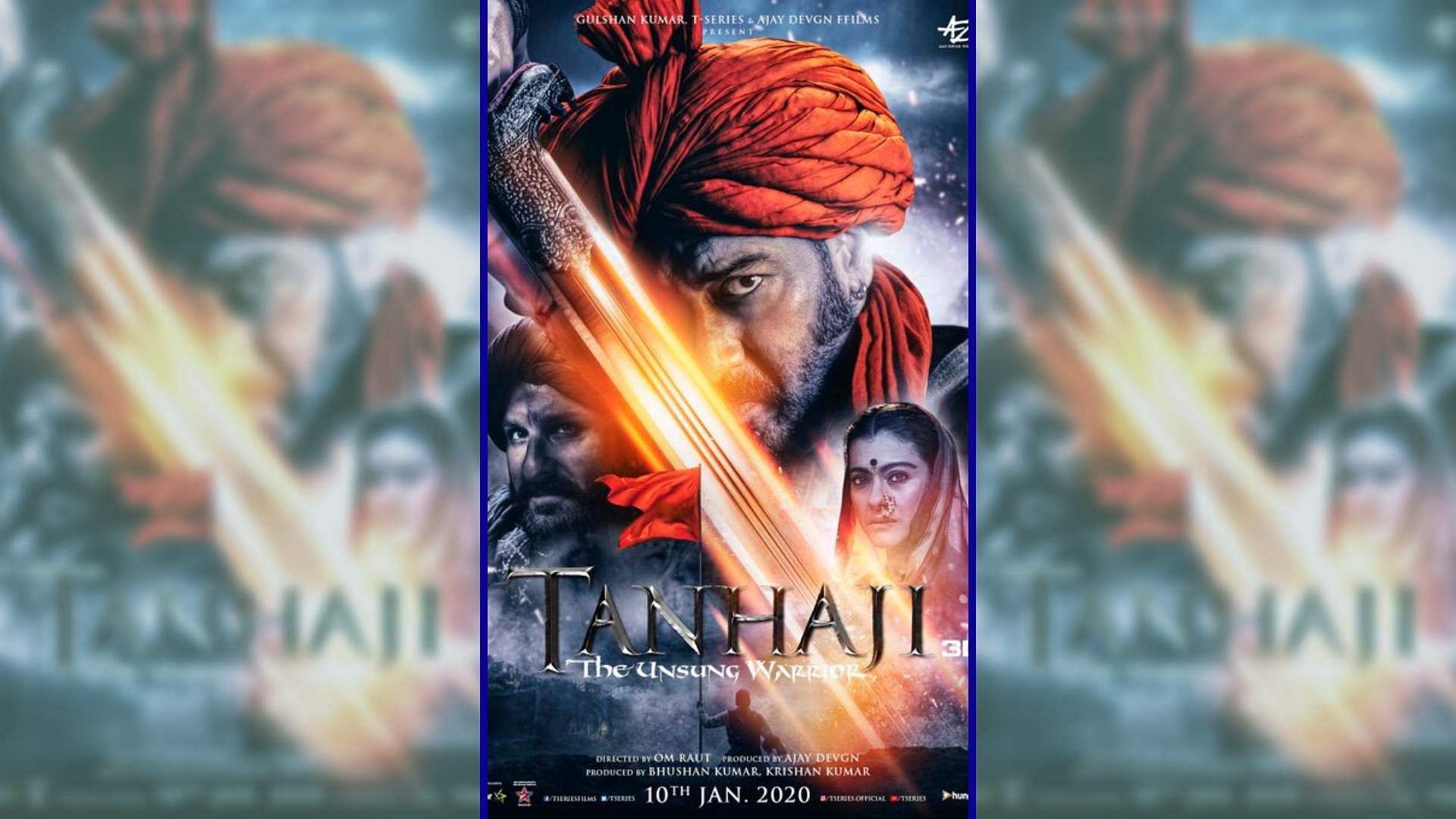 A poster for&nbsp;<i>Tanhaji: The Unsung Warrior</i>, with Ajay, Saif and Kajol.