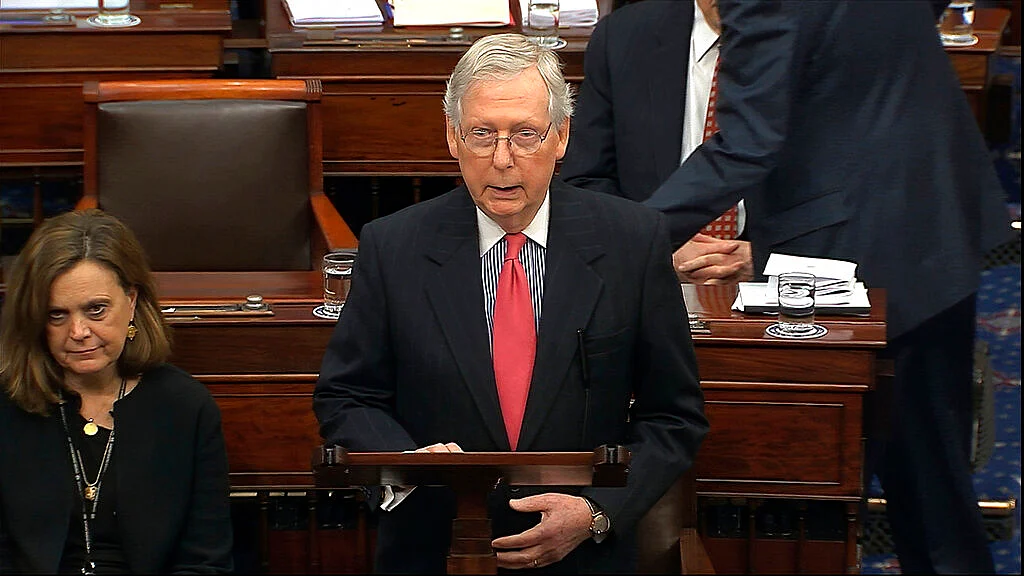 Senate Majority Leader Mitch McConnell, speaks during the impeachment trial against President Donald Trump in the Senate at the US Capitol in Washington on 28 January.