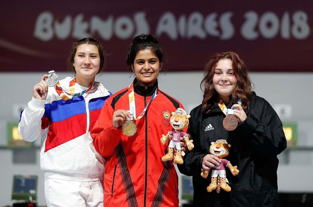 Manu Bhaker with her gold medal at the 2018 Youth Olympics.