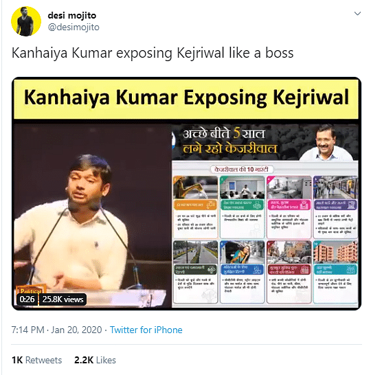 The comment made by Kanhaiya Kumar was in reference to Prime Minister Narendra Modi and not Arvind Kejriwal. 