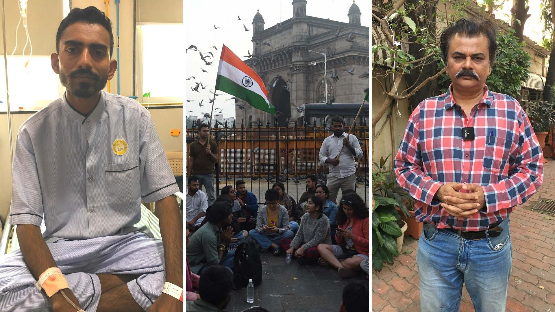 (Left to Right) TISS student Bhatta Ram;Protesters gathered at Gateway of India; Activist Feroze Mithiborwala.