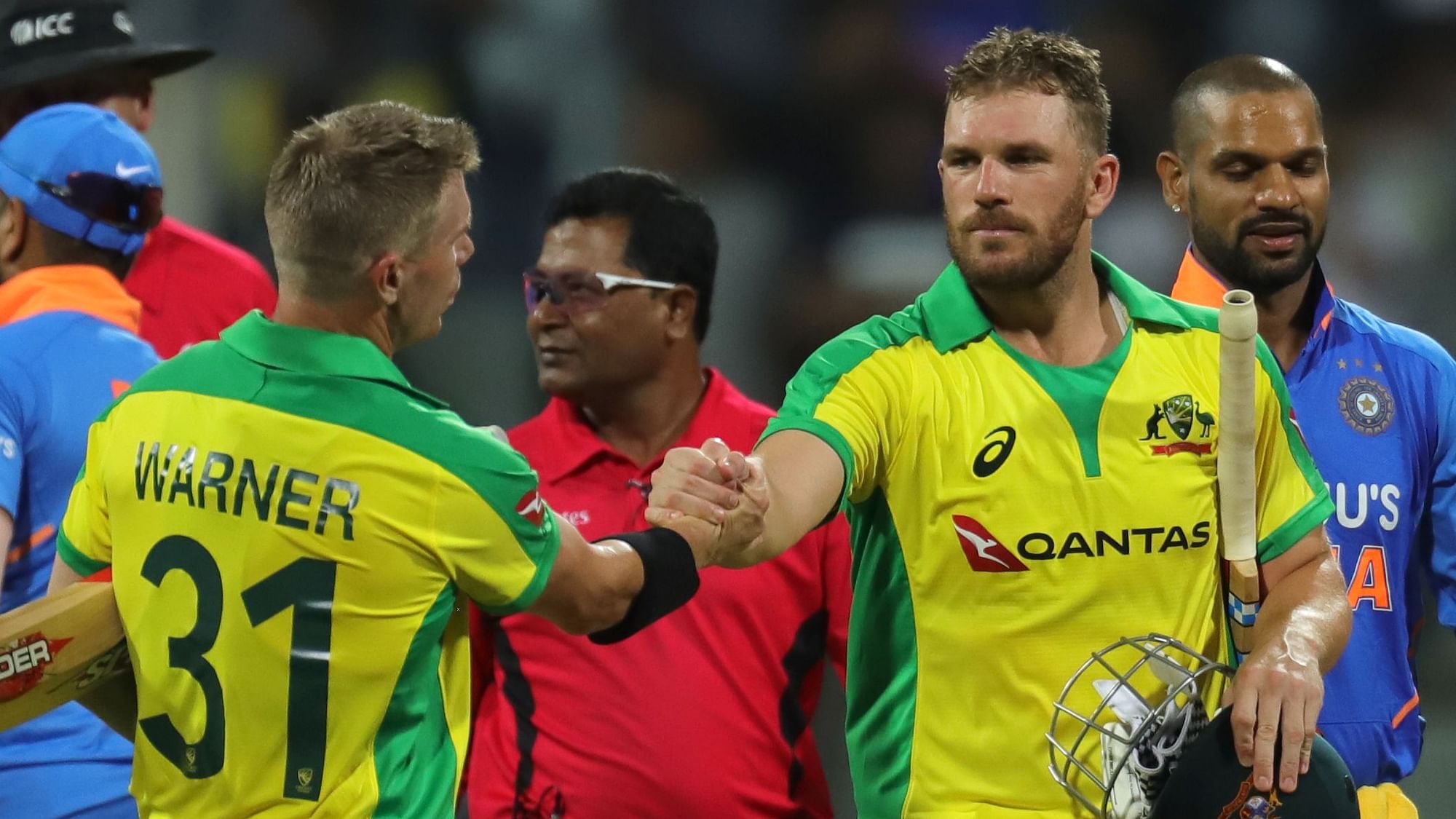 David Warner and Aaron Finch celebrate as Australia win the first ODI between India and Australia held at the Wankhede Stadium, Mumbai on the 14th Jan 2020.&nbsp; &nbsp;