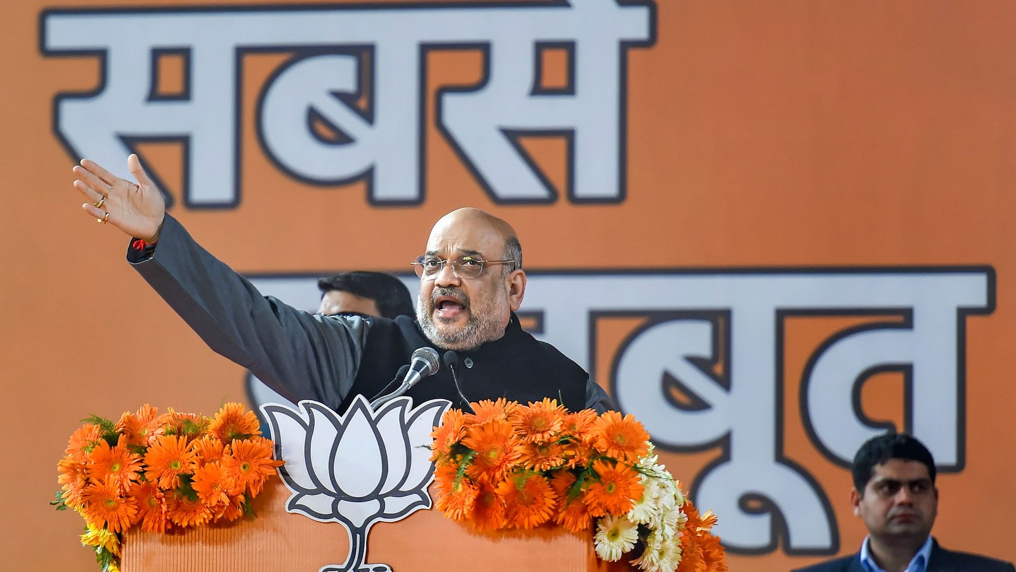 Home Minister Amit Shah at a rally in Delhi on Sunday.&nbsp;