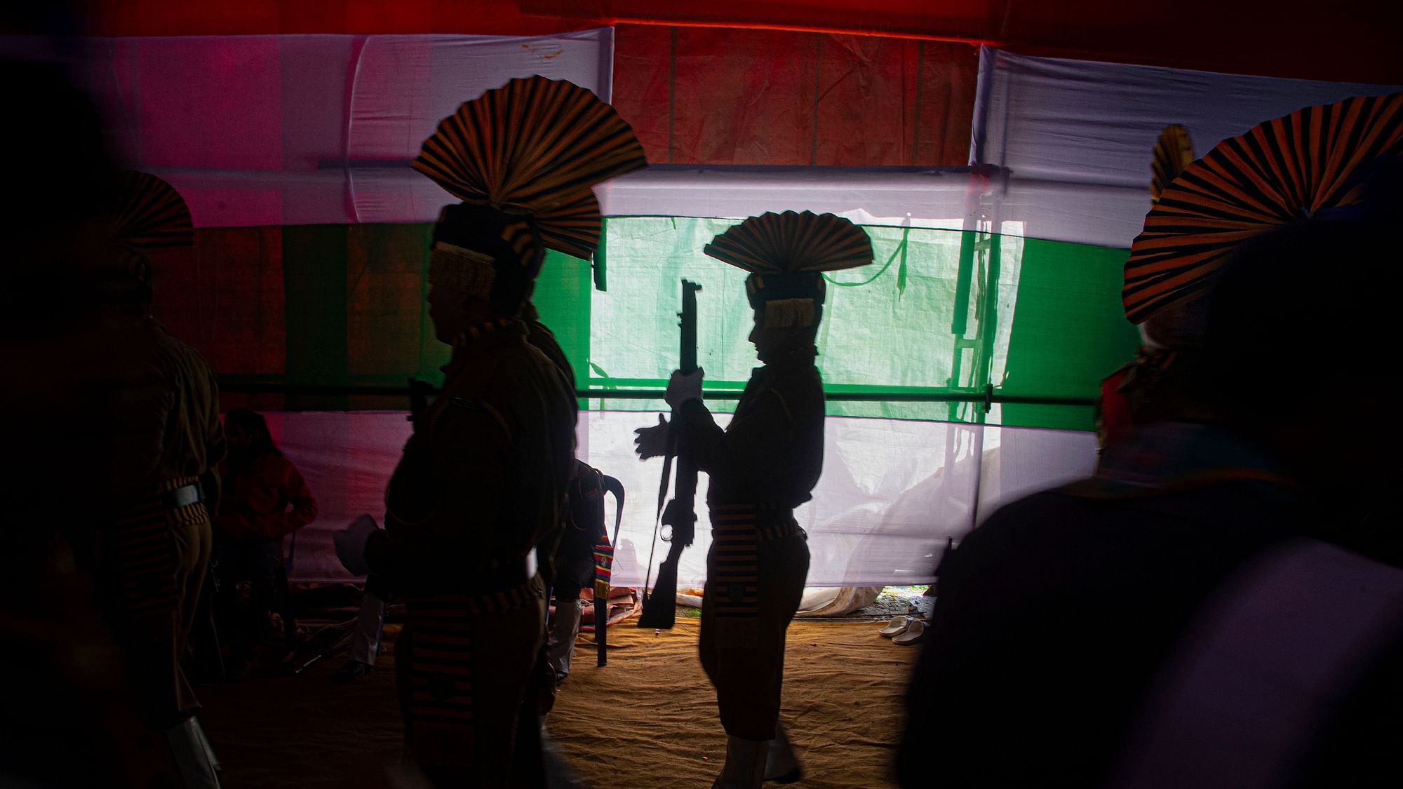 A jawan gets ready to participate in a parade to mark Republic Day in Guwahati.&nbsp;