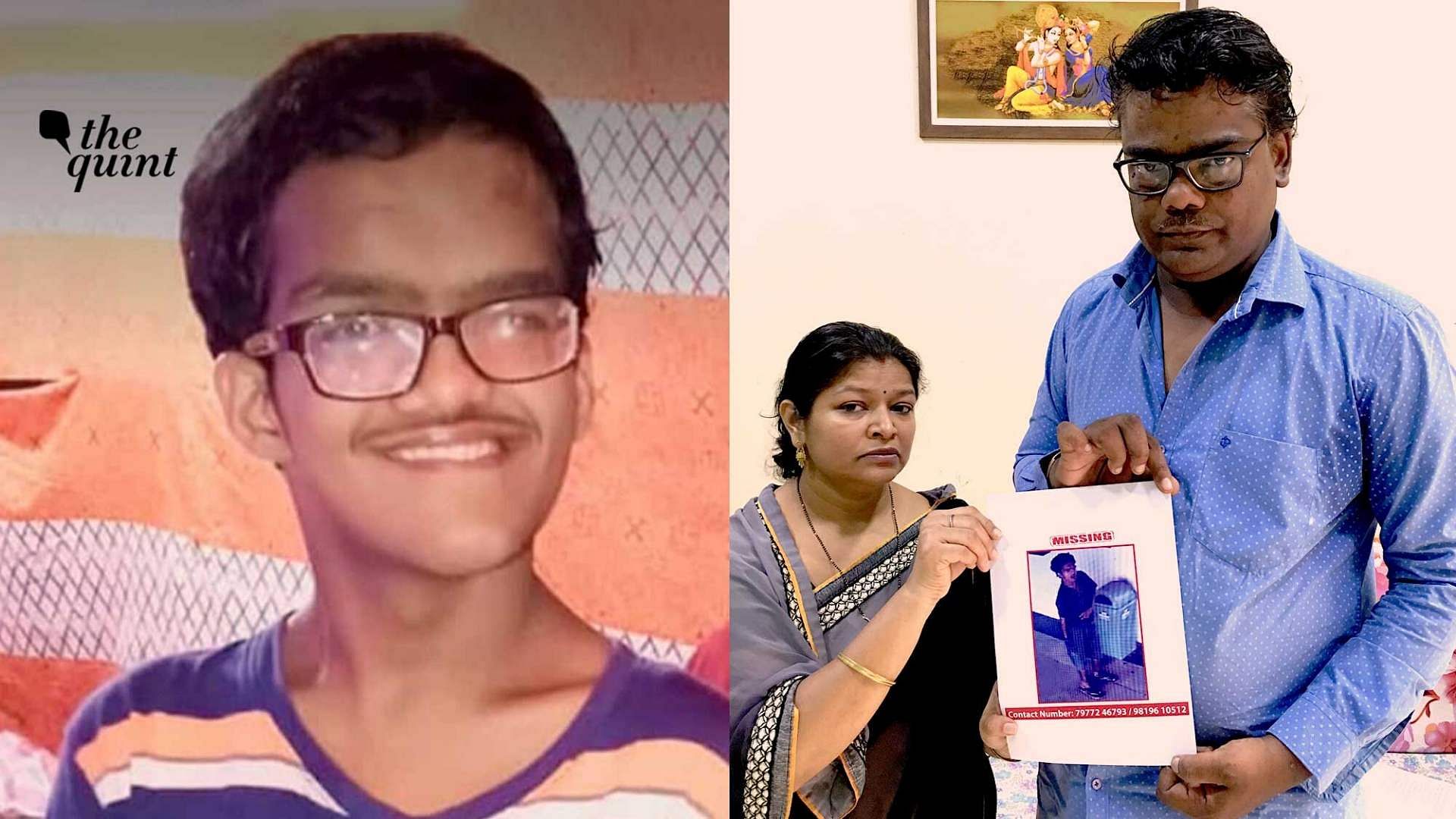 Missing teen Tarun Gupta (left); his parents holding a  poster of him (right).