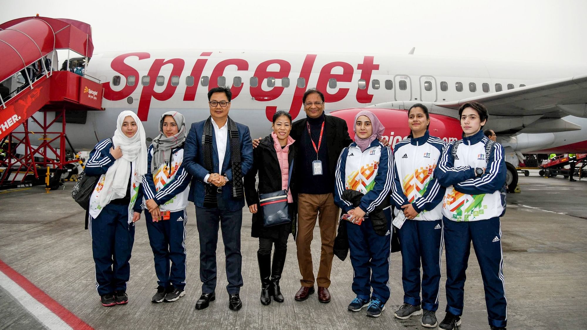At the send-off ceremony of the athletes at the Indira Gandhi International Airport on Wednesday, Sports Minister Kiren Rijiju was present along with London Olympic bronze medallist Mary Kom.