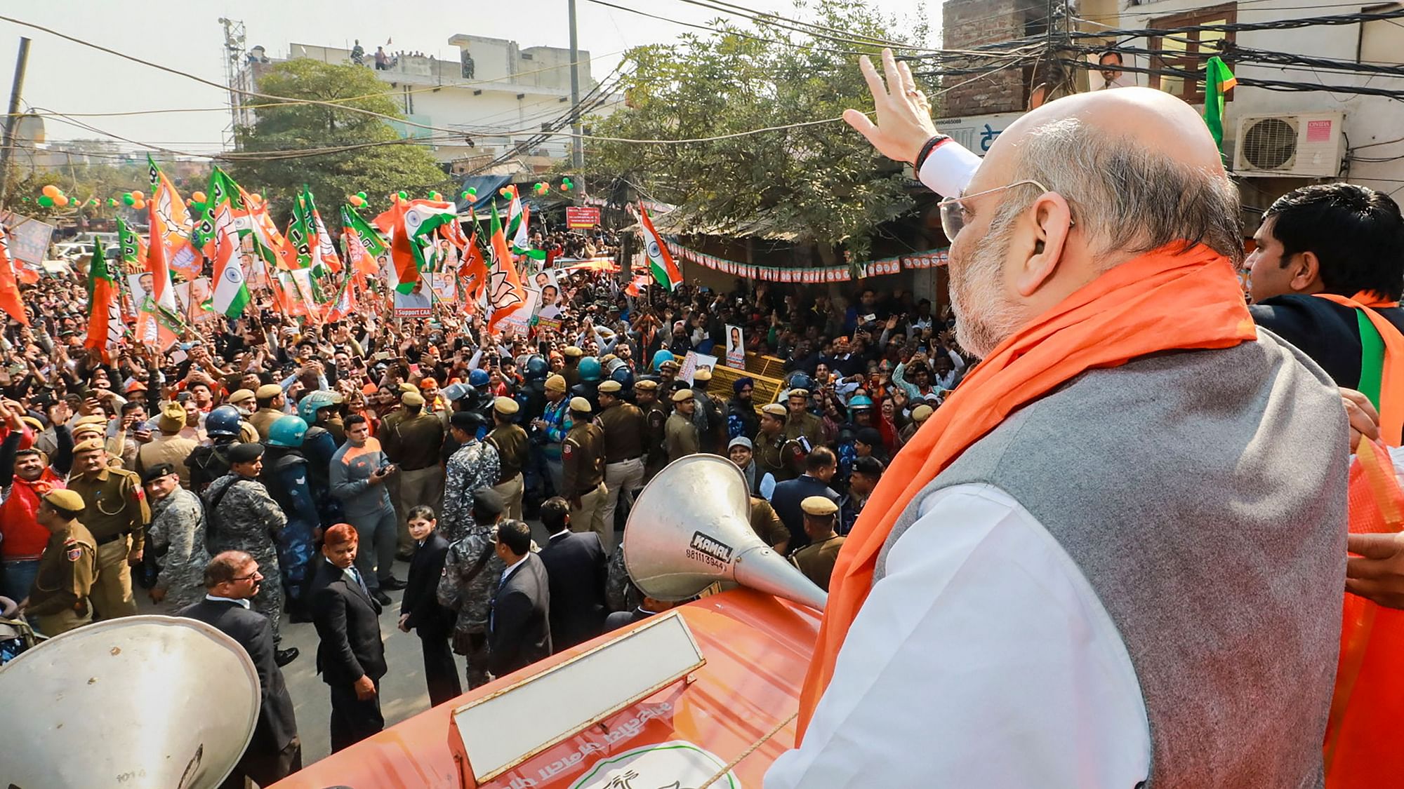 Image of Amit Shah addresses a rally in Delhi’s Babarpur.