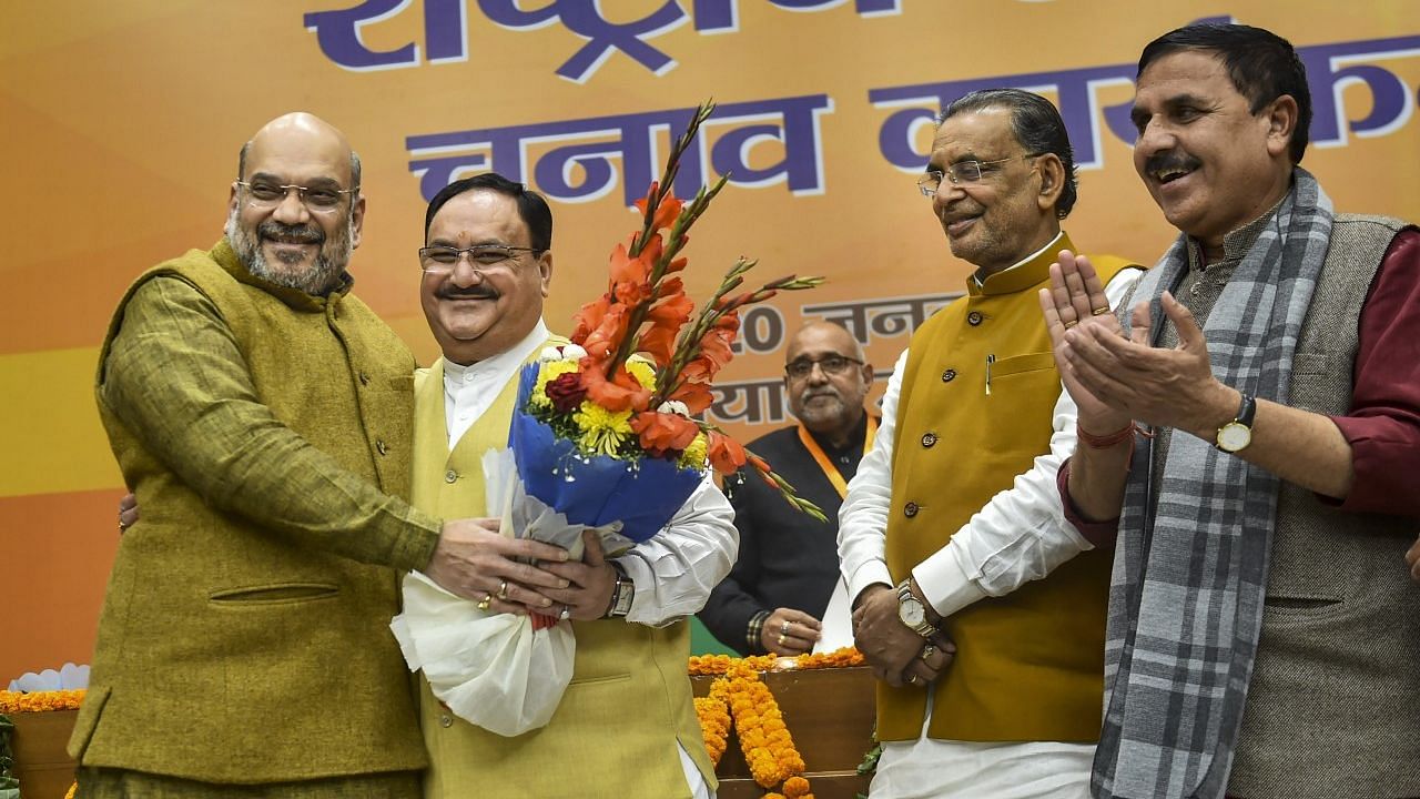Home Minister Amit Shah greets JP Nadda upon being elected as the BJP President.
