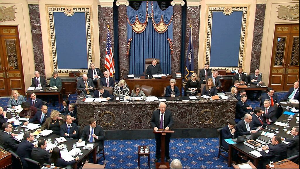 In this image from video, Ken Starr, an attorney for President Donald Trump, speaks during the impeachment trial against Trump in the Senate at the US Capitol in Washington, Monday, 27 January.