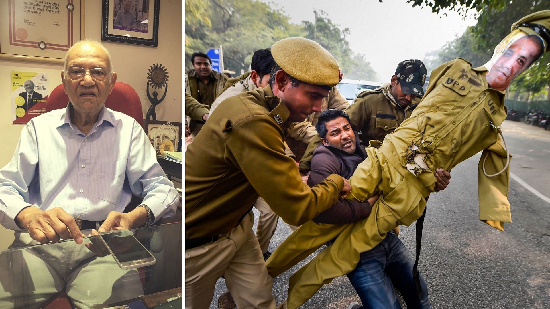 Former Mumbai Comissioner of Police Julio Ribeiro (left); Police detain a protester protesting against the UP Police’s brutality during Citizenship Act Protests. (Right)