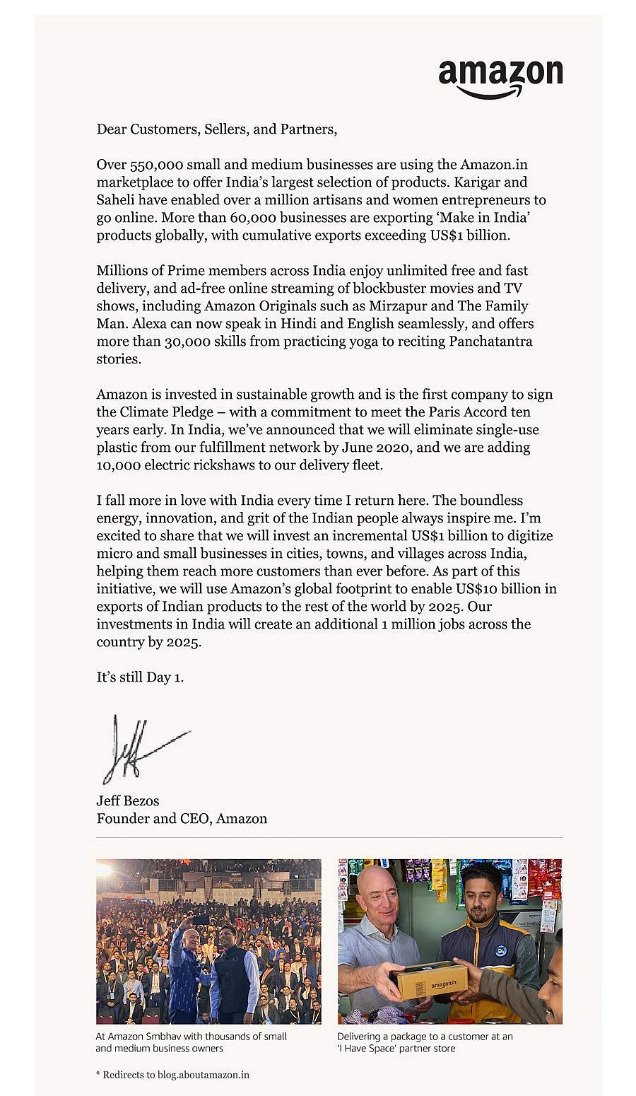 In Open Letter, Amazon CEO Bezos Promises More Jobs in India