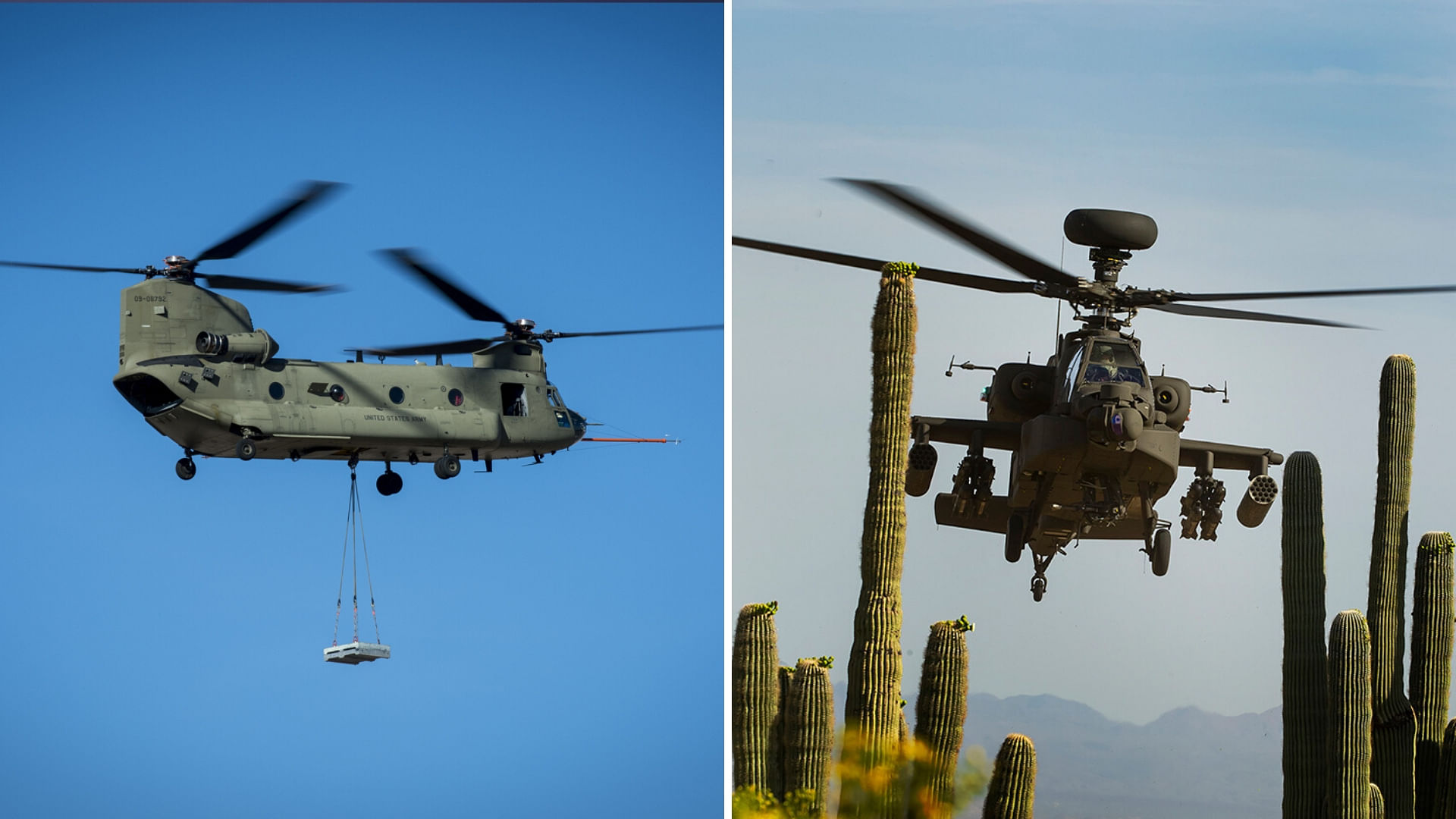 The Chinook (left) and the Apache (right) choppers in action.