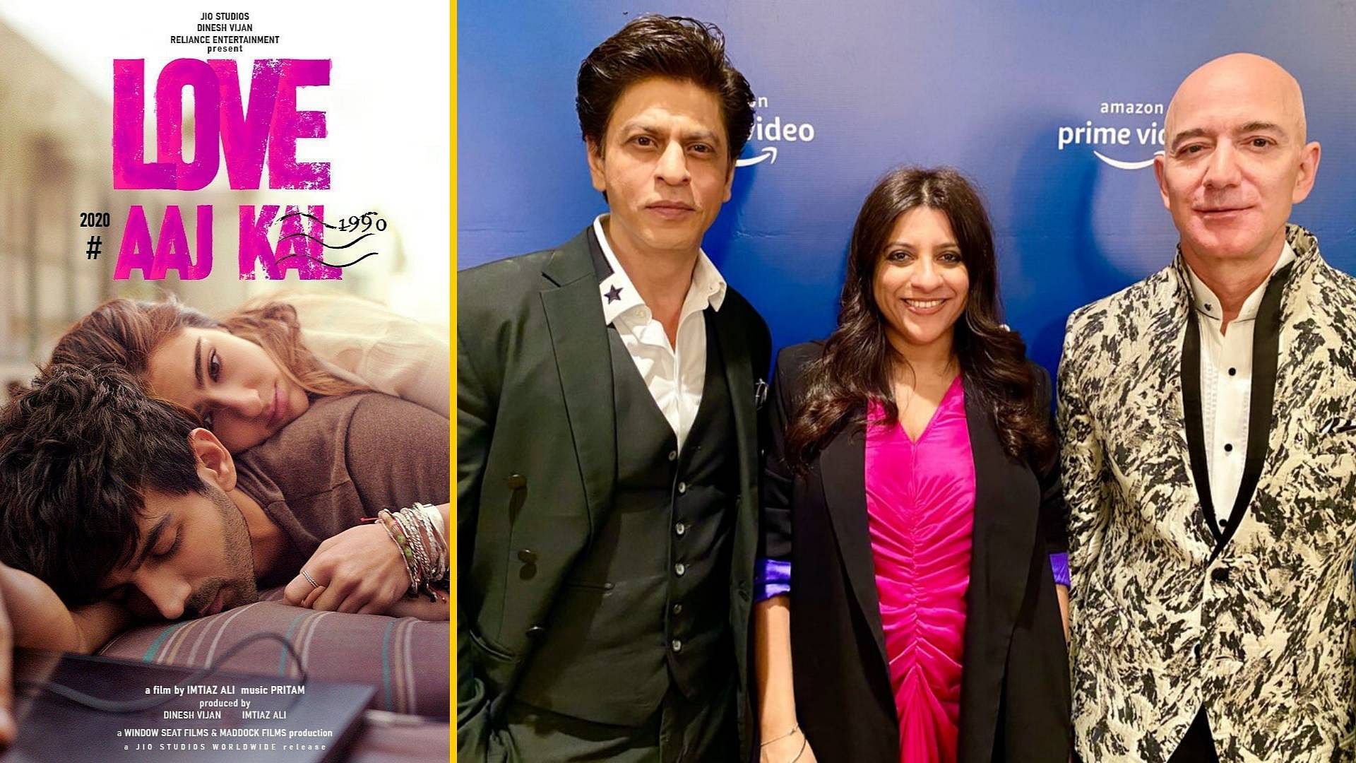 A poster for <i>Love Aaj Kal</i>; Shah Rukh Khan and Zoya Akhtar with Jeff Bezos.