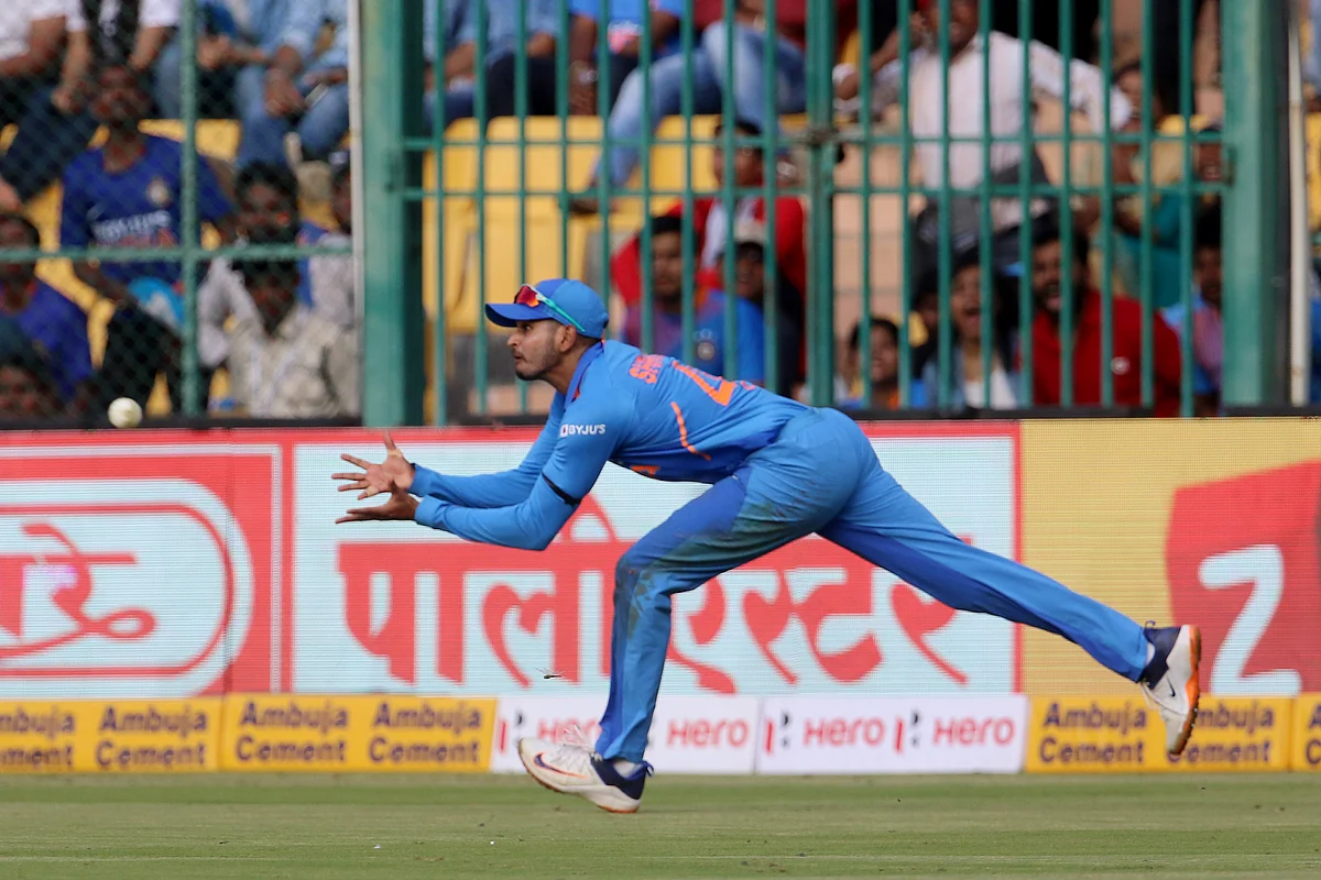 Shreyas Iyer of India takes a catch of Steven Smith of Australia during the 3rd One day International match between India and Australia.