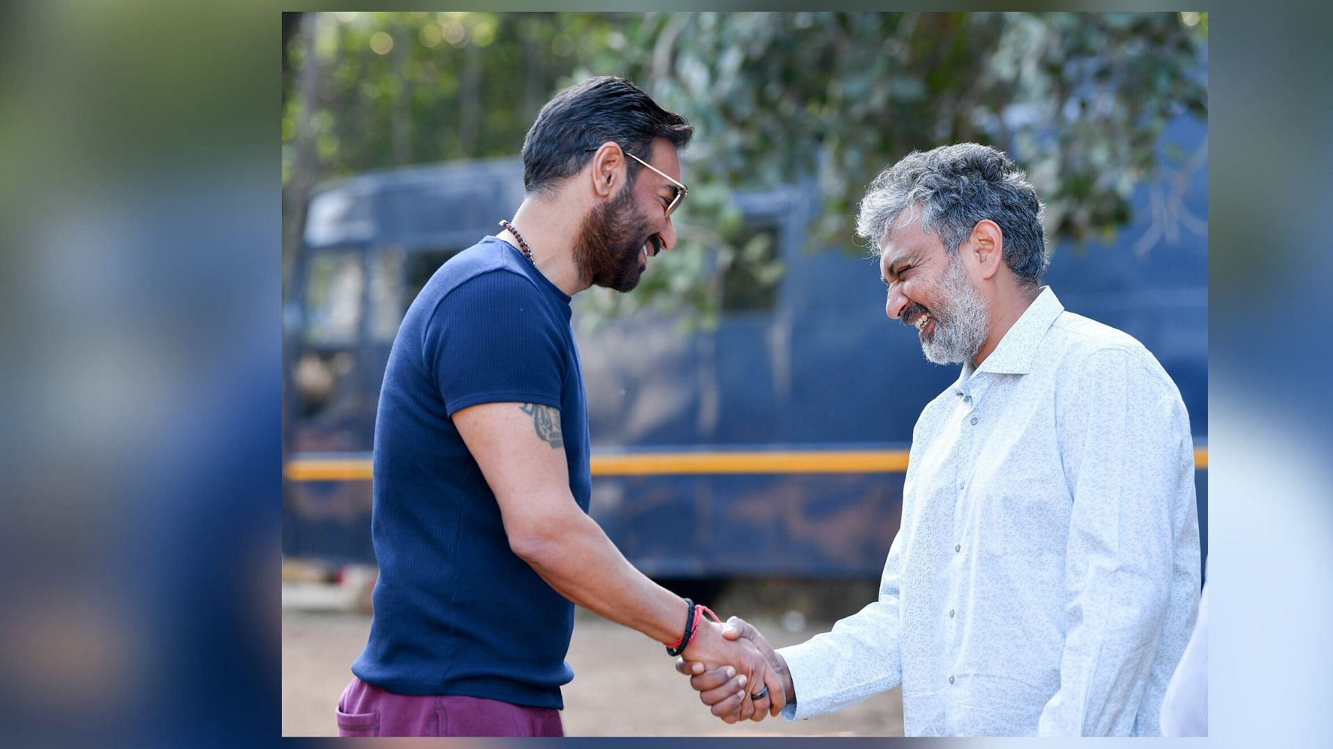 Ajay Devgn and SS Rajamouli on the sets of <i>RRR</i>.