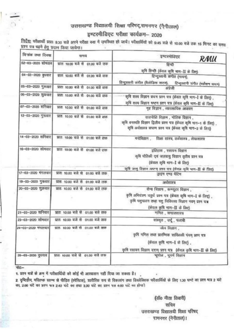 Uttarakhand Board Class 10 Datesheet 