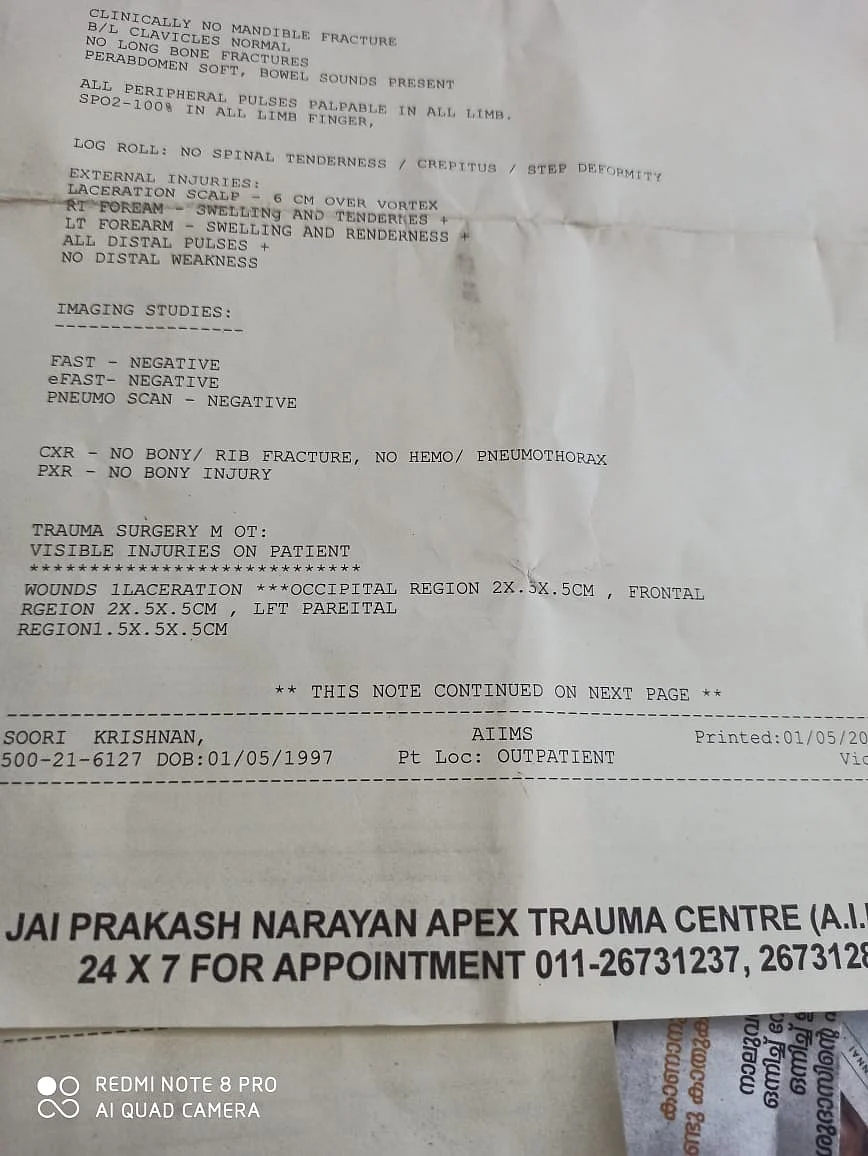 Copy of the medical report issued by AIIMS Trauma Centre on 5 January.