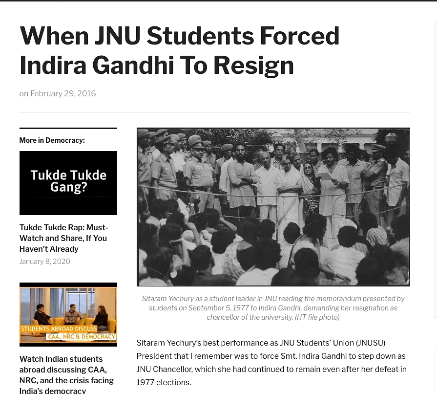 According to the photo, Indira Gandhi brought police to JNU & beat up Yechury for protesting against the Emergency.