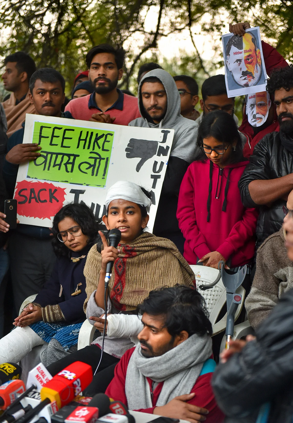 JNUSU President Aishe Ghosh speaks to media personnel during a press conference in New Delhi, on Monday.