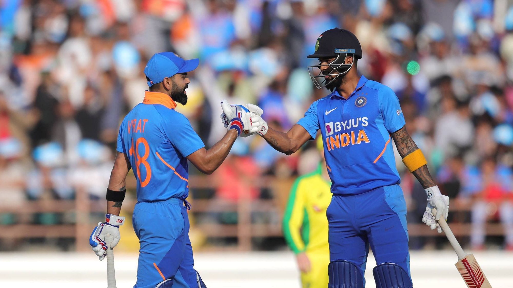 Virat Kohli’s (left) 76-ball 78, coupled with KL Rahul’s quickfire 50-ball 82 helped India post 340/6 against Australia in the second ODI in Rajkot on Friday. India beat Australia by 36 runs to level the three-match series 1-1.
