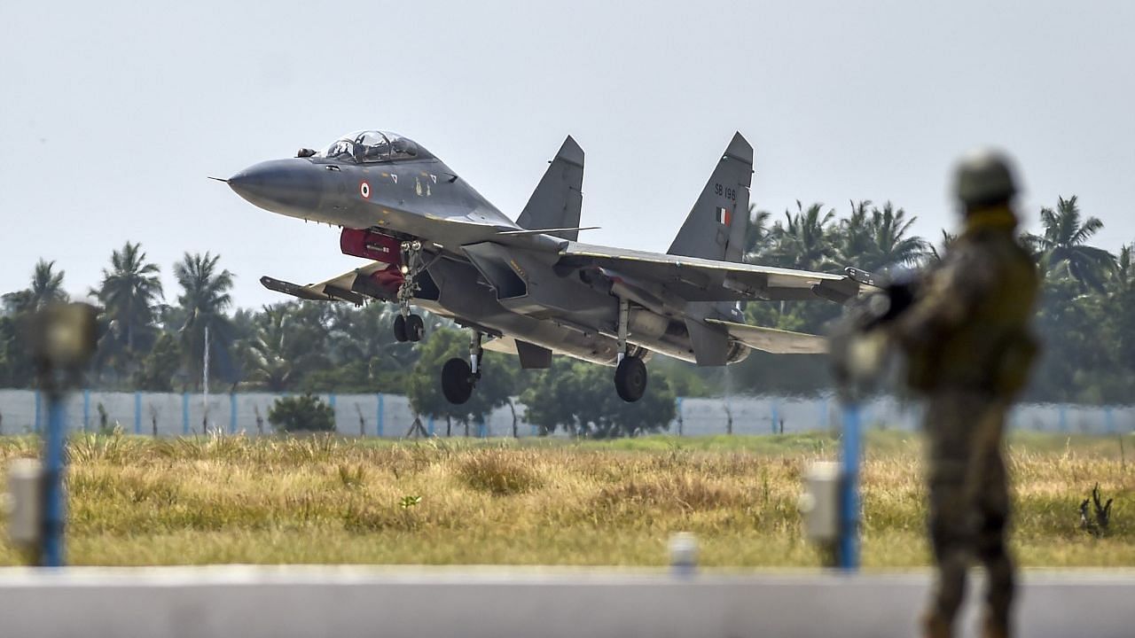 Sukhoi-30MKI fighter aircraft squadron lands at the Thanjavur airbase