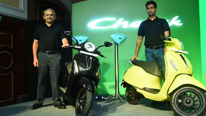 Rakesh Sharma, ED, Bajaj and Rajiv Bajaj, MD with the Bajaj Chetak Electric scooter.
