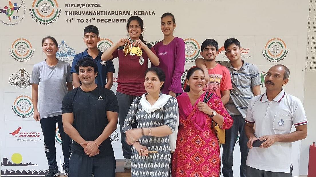 Manu Bhaker with her 9 gold medals at the 2017 National Shooting Championships.