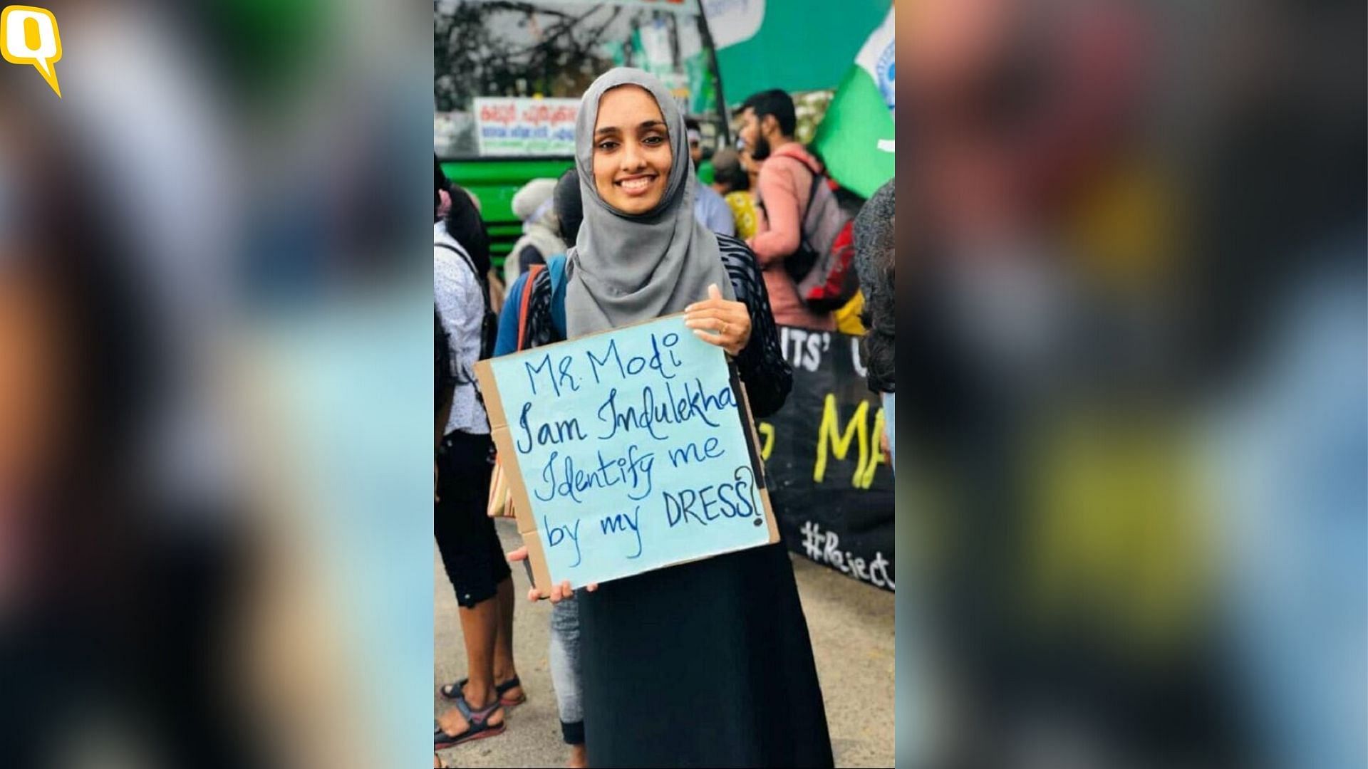 Photo of protestor Indulekha, wearing hijab, holding a placard that reads: ‘Identify me by my dress?’ Image used for representational purposes.